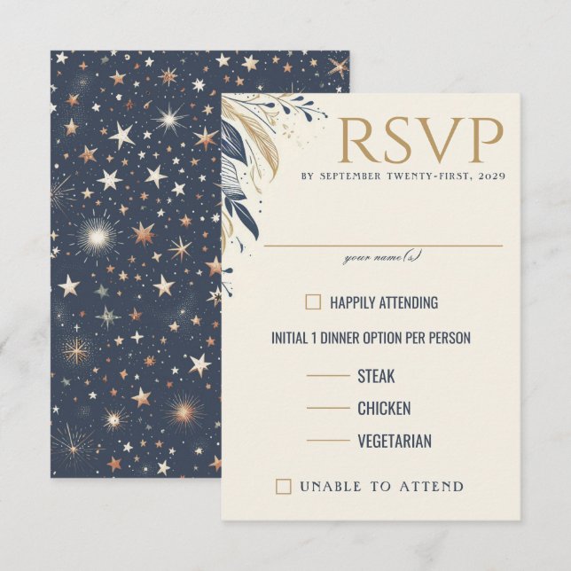 Blue & Gold Celestial Food Choices RSVP Card (Front/Back)