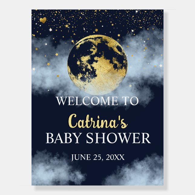 Blue Gold Celestial Moon Baby Shower Welcome Sign (Front)
