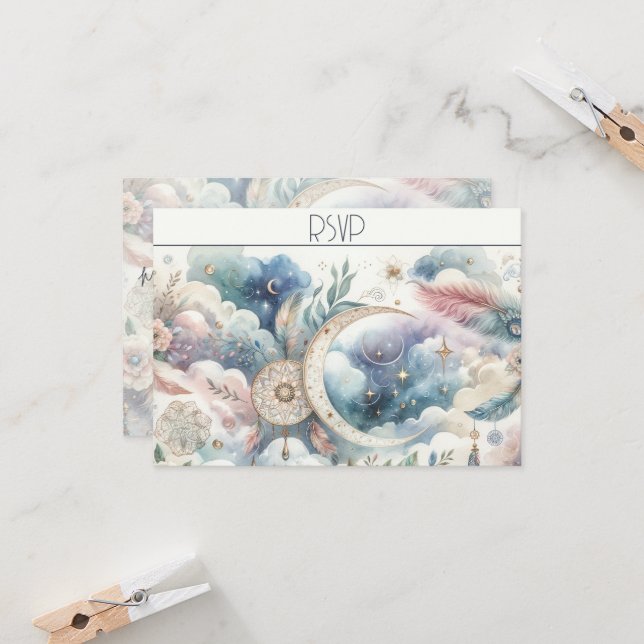 Blue Gold Celestial Moon Response Card (Front/Back In Situ)