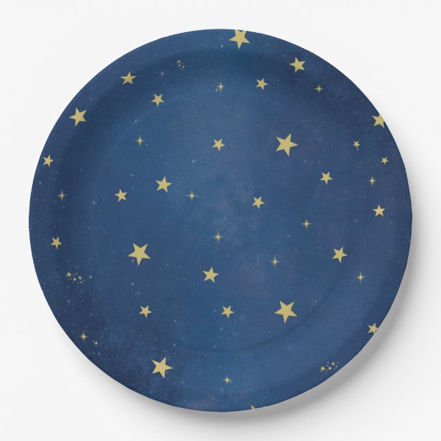 Blue Gold Celestial Moon & Stars Party Paper Plates (Front)