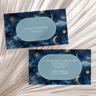 Blue Gold Celestial Moon Sun Stars Custom Business Card