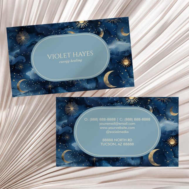 Blue Gold Celestial Moon Sun Stars Custom Business Card (Creator Uploaded)