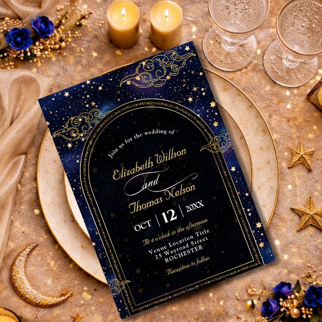 Blue gold celestial stars astronomy wedding invitation (Creator Uploaded)