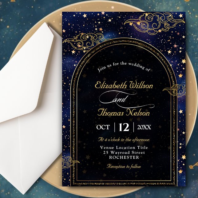 Blue gold celestial stars astronomy wedding invitation (Creator Uploaded)