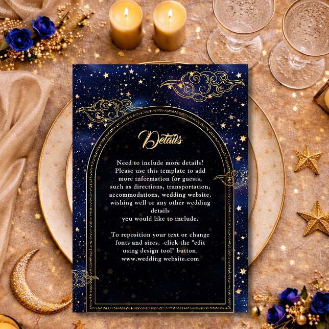Blue gold celestial stars wedding details  enclosure card (Creator Uploaded)