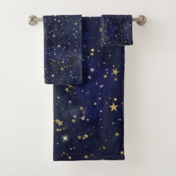 Blue &amp; Gold Celestial Stars Whimsical Watercolor Bath Towel Set