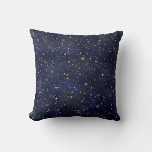 Blue & Gold Celestial Stars Whimsical Watercolor Throw Pillow