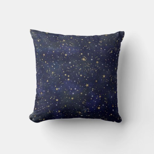 Blue  Gold Celestial Stars Whimsical Watercolor Throw Pillow