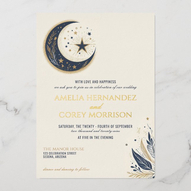 Blue & Gold Celestial Wedding Invitation Foil Invitation (Front)