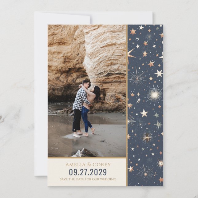 Blue & Gold Celestial Wedding Save The Date (Front)
