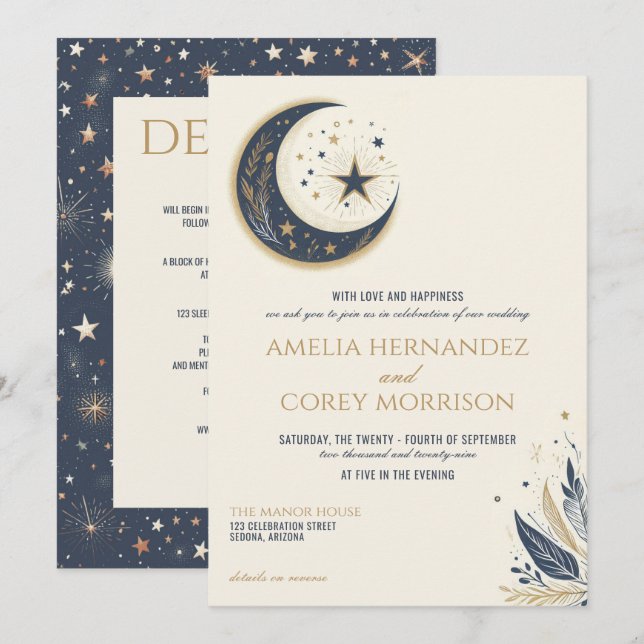 Blue & Gold Celestial with Details Wedding Invitation (Front/Back)