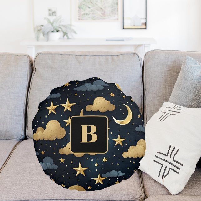 Blue gold celestrial pattern moon stars monogram round pillow (Creator Uploaded)