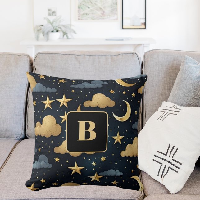 Blue gold celestrial pattern moon stars monogram throw pillow (Creator Uploaded)