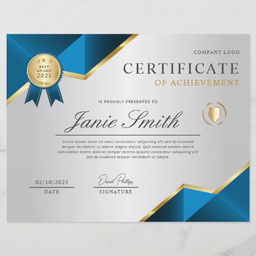 Blue Gold Certificate Of Achievement Award