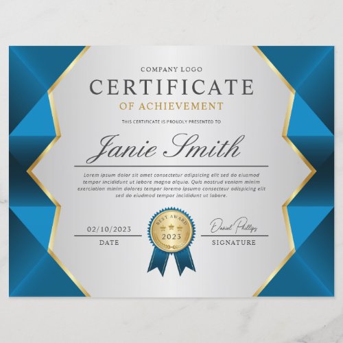 Blue Gold Certificate Of Achievement Award