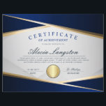 Blue & Gold Certificate of Achievement Award<br><div class="desc">Blue and gold gradient professional certificate of achievement award includes gold and blue medal.</div>