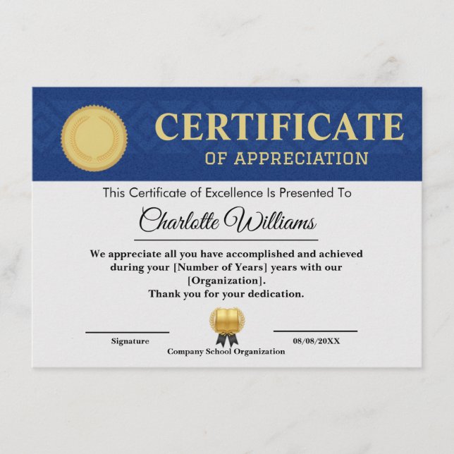 Blue Gold Certificate of Appreciation Template (Front)
