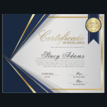 Blue & Gold Certificate of Excellence Award<br><div class="desc">Professional certificate of excellence award design features blue,  gold,  and grey colors with detailed lines and a gold border. Includes gold medal award and stars.</div>