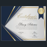 Blue & Gold Certificate of Excellence Award<br><div class="desc">Professional certificate of excellence award design features blue, gold, and grey colors with detailed lines and a gold border. Includes gold medal award and stars.</div>