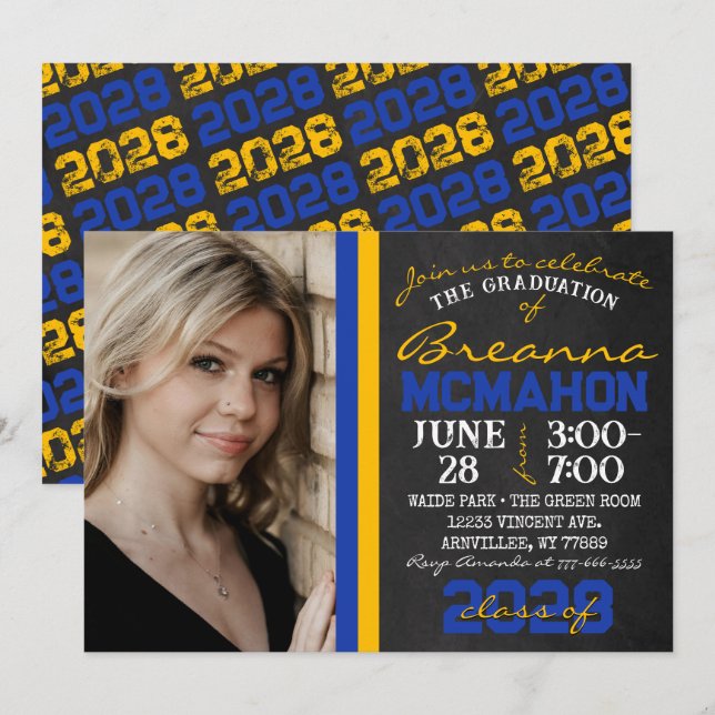Blue & Gold Chalkboard Graduation Photo Invitation (Front/Back)