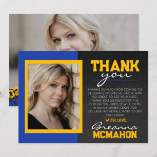 Blue & Gold Chalkboard Graduation Photo Thank You Invitation