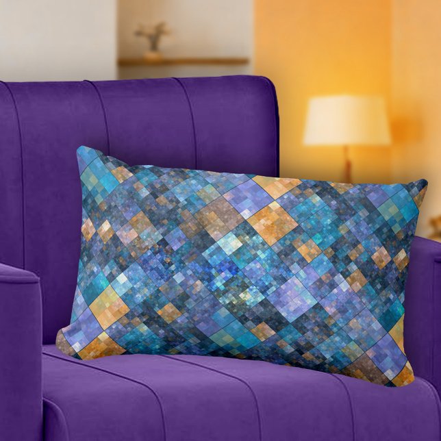 Blue Gold Checkered Mosaic Pattern Pillow (Pillow featuring a modern design with a geometric mosaic tiled pattern in blue, gold and purple)