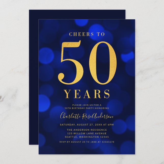 Blue Gold Cheers to 50 Years Birthday Party Invitation (Front/Back)