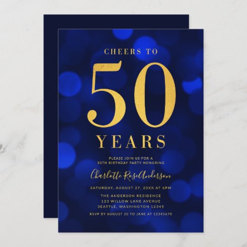 Blue Gold Cheers to 50 Years Birthday Party Invitation