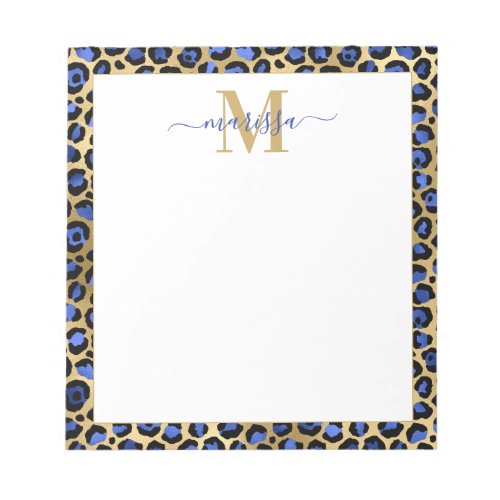 Blue Gold Cheetah Print Initial with Name Monogram Notepad