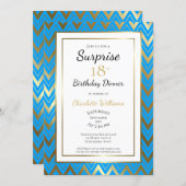 Blue Gold Chevron Surprise 18th Birthday Dinner Invitation (Front/Back)