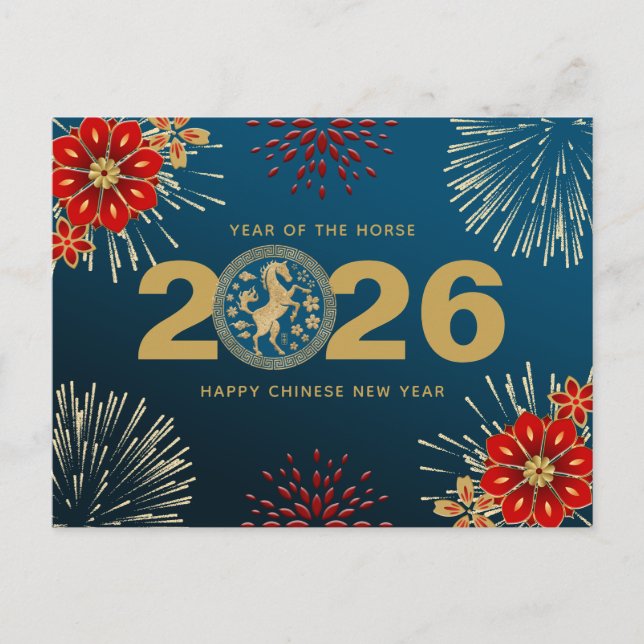Blue Gold Chinese New Year of the Horse Holiday Postcard (Front)