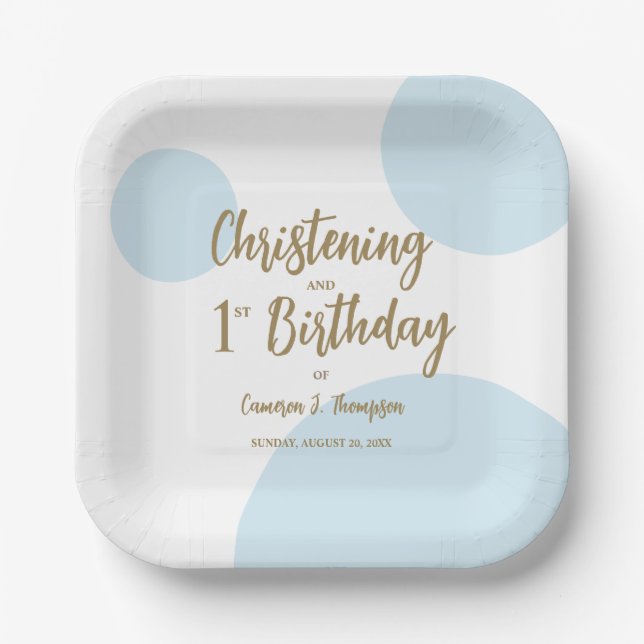 Blue Gold Christening And 1st birthday Custom Paper Plates (Front)