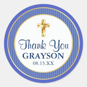 Blue & Gold Christening, Baptism, First Communion Classic Round Sticker