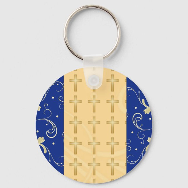 Blue, Gold, Christian Cross, Damask Favor Keychain (Front)