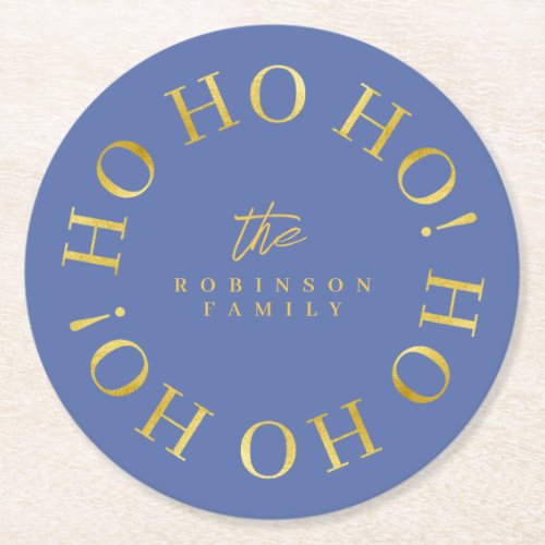 Blue Gold Christmas Ho Ho Ho ID1009 Round Paper Coaster