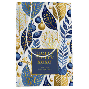 Blue Gold Christmas Merry Merry Pattern#21 ID1009 Medium Gift Bag