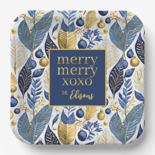 Blue Gold Christmas Merry Pattern21 ID1009 Paper Plates