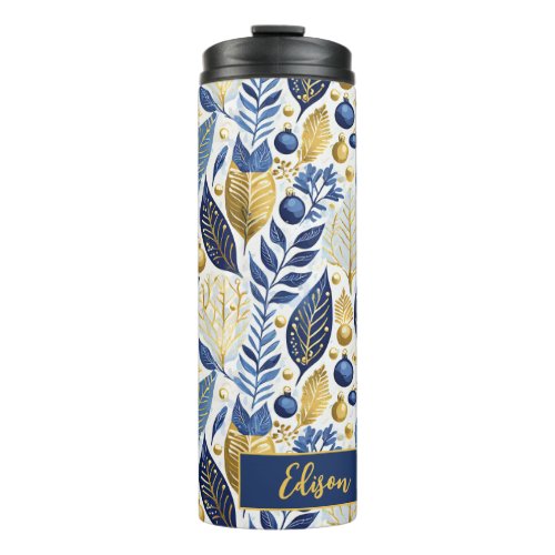 Blue Gold Christmas Merry Pattern21 ID1009 Thermal Tumbler