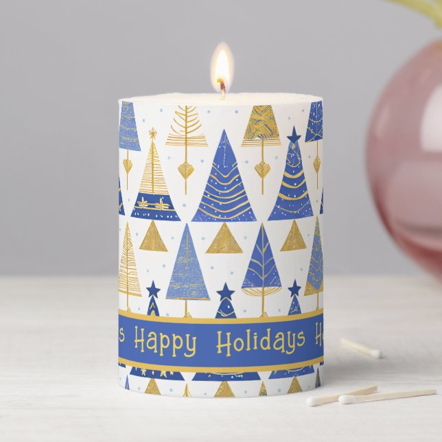 Blue Gold Christmas Merry Pattern#25 ID1009 Pillar Candle (In Situ)