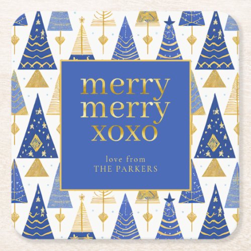 Blue Gold Christmas Merry Pattern25 ID1009 Square Paper Coaster