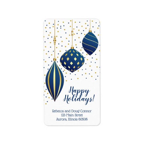 Blue Gold Christmas Ornaments and Dots Holiday Label