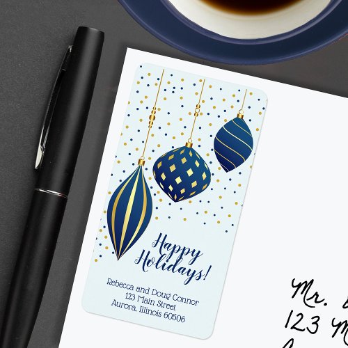 Blue Gold Christmas Ornaments and Dots Holiday Label