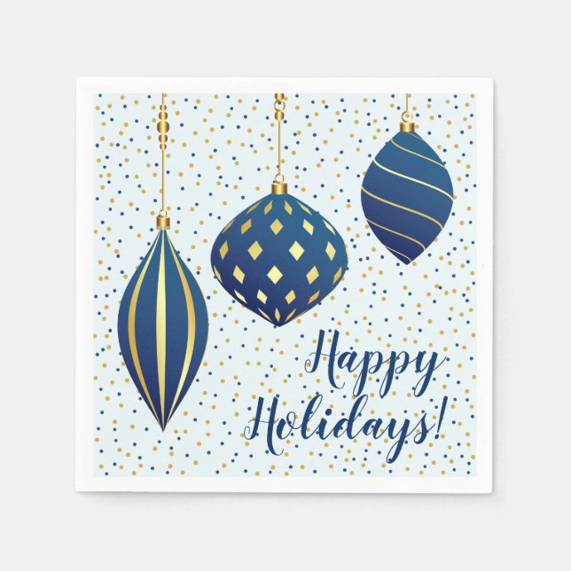 Blue Gold Christmas Ornaments and Dots Holiday Napkins (Front)