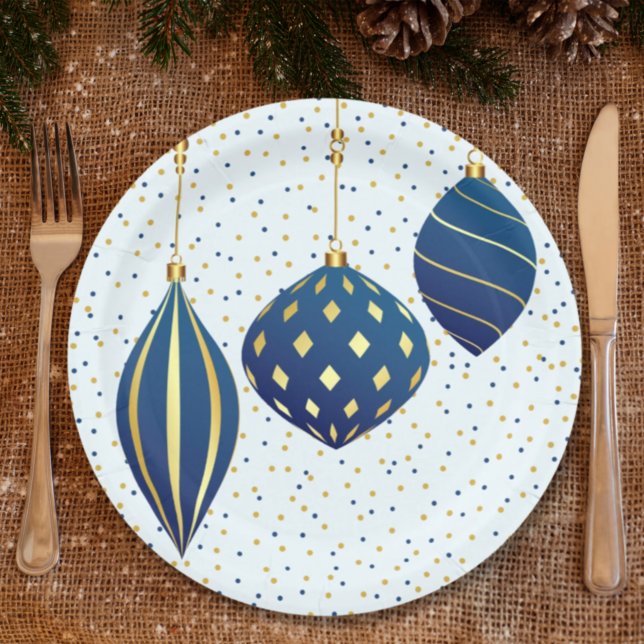 Blue Gold Christmas Ornaments and Dots Holiday Paper Plates (Creator Uploaded)
