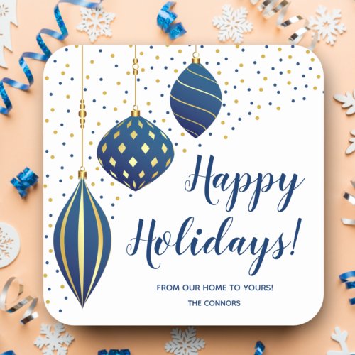 Blue Gold Christmas Ornaments and Dots Holiday Square Sticker