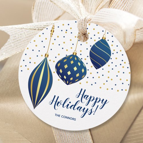 Blue Gold Christmas Ornaments Dots Holiday ROUND Favor Tags