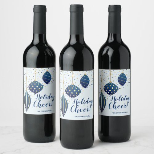 Blue Gold Christmas Ornaments Dots Holiday Wine Label