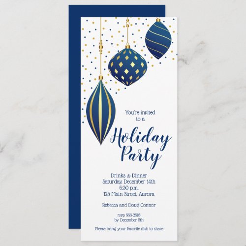 Blue Gold Christmas Ornaments Holiday Invitation