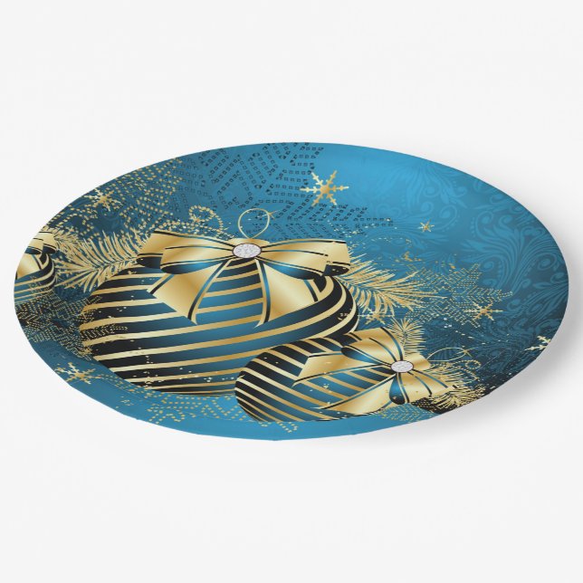 Blue Gold Christmas Paper Plate (Angled)