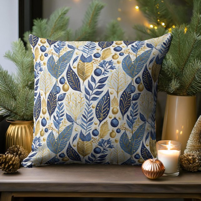 Blue Gold Christmas Pattern#21 ID1009 Throw Pillow (Creator Uploaded)